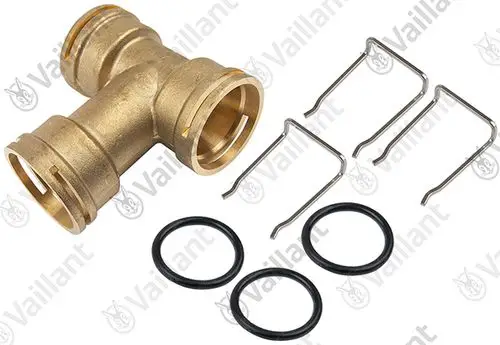 Vorrichtung aus Messing mit zwei Anschlussöffnungen und Zubehörteilen wie O-Ringen und Halteclips, geeignet für Vaillant-Systeme.